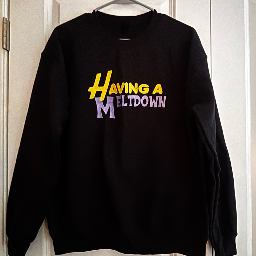 Gildan Black Crewneck Sweater with Bold Yellow and Purple Text